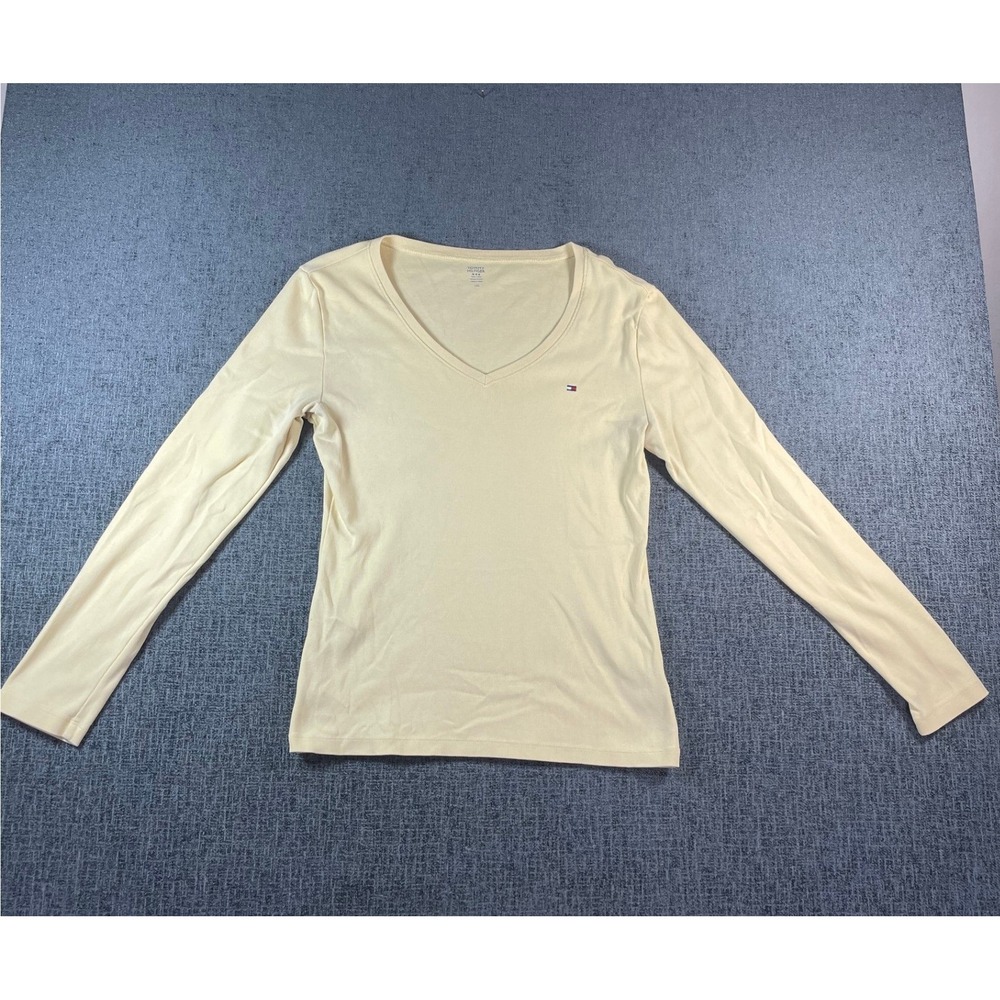 Tommy Hilfiger Womens V-Neck Long Sleeve Ribbed T-Shirt Yellow Size Large
